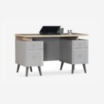 Luna Light Brown Study Table Dual Pedestal with Silver Legs